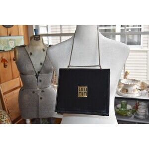Vintage Paristyle Black Patent Leather Evening Bag Gold Logo Chain